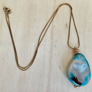 Long Gold Toned Chain Necklace with Blue Agate Pendant